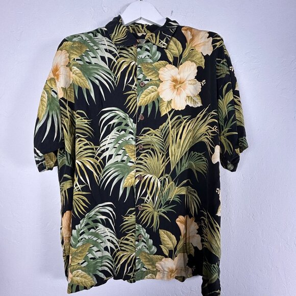 Tommy Bahama Mens Silk Hawaiian Shirt XL Black Floral Short Sleeve Button-Up - Picture 1 of 7